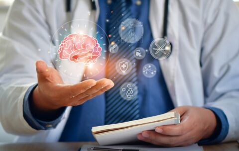 Doctor surgeon and neurologist use robotic and medical technology diagnose and examine patient brain with intelligence software. AI, Innovation,